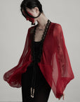 DOINDULGE Crimson Sheer Drape Jacket with Lace Trim and Beaded Tassels