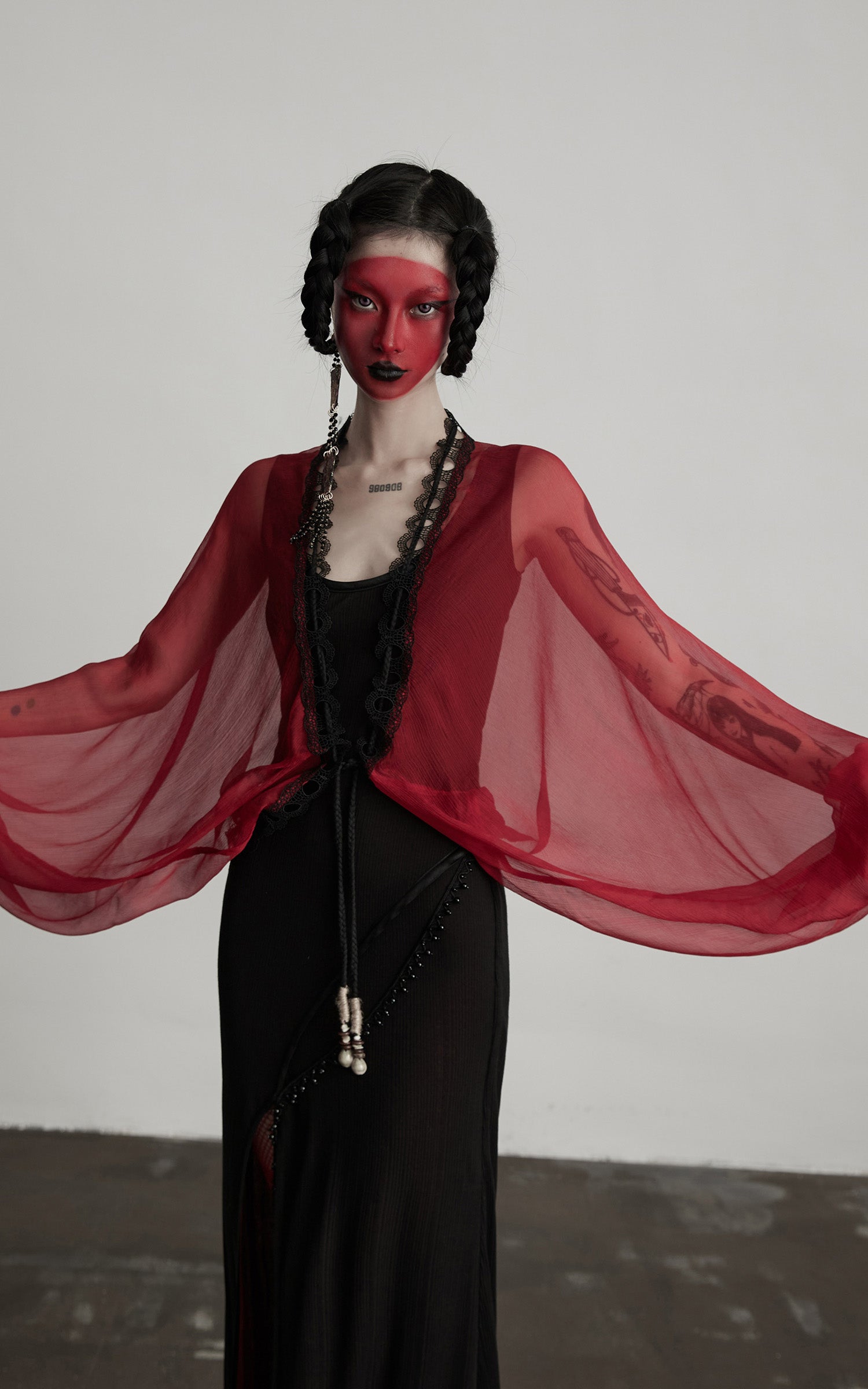 DOINDULGE Crimson Sheer Drape Jacket with Lace Trim and Beaded Tassels