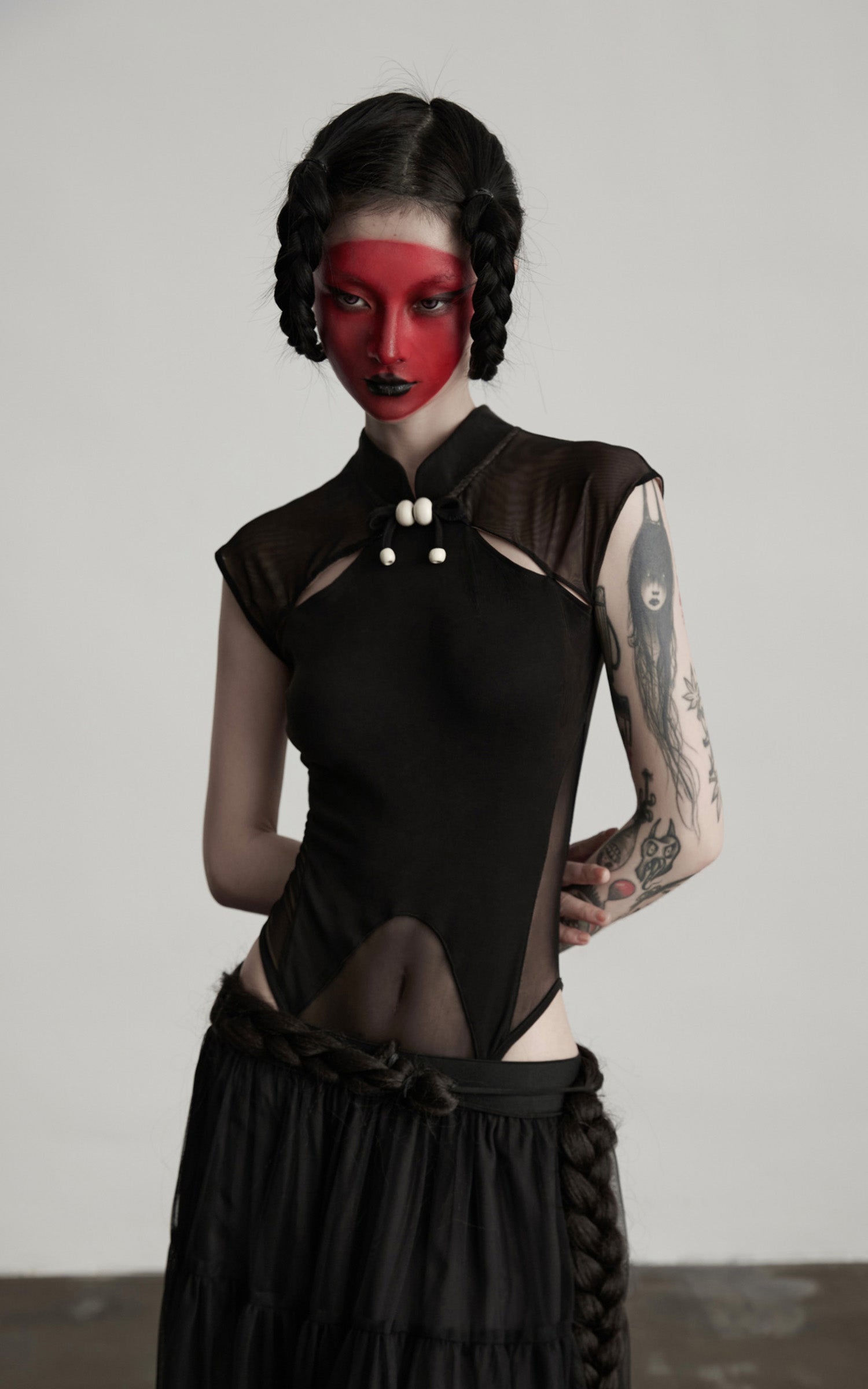 DOINDULGE Sculpted Mesh Bodysuit with Mandarin Collar and Cutout Panels