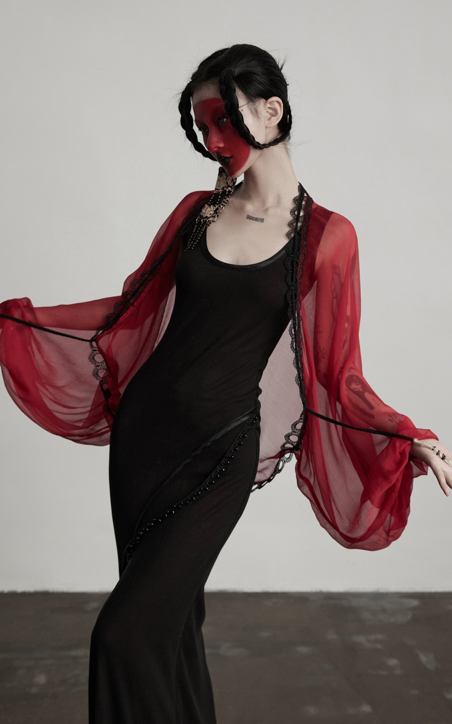 DOINDULGE Crimson Sheer Drape Jacket with Lace Trim and Beaded Tassels