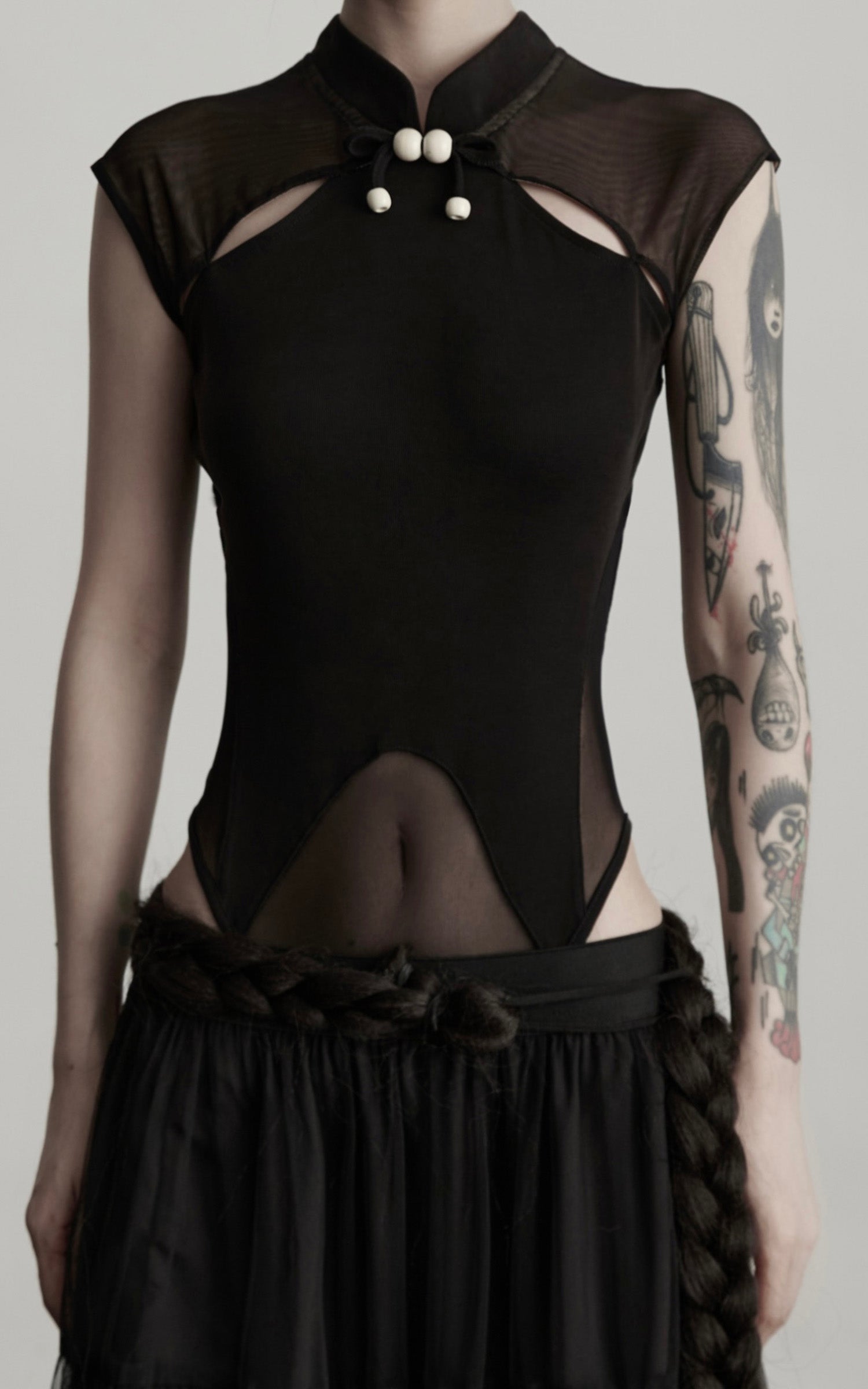 DOINDULGE Sculpted Mesh Bodysuit with Mandarin Collar and Cutout Panels