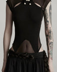 DOINDULGE Sculpted Mesh Bodysuit with Mandarin Collar and Cutout Panels