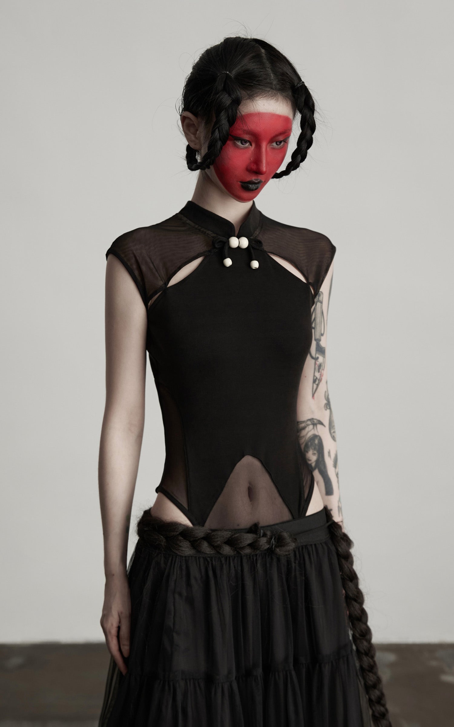 DOINDULGE Sculpted Mesh Bodysuit with Mandarin Collar and Cutout Panels