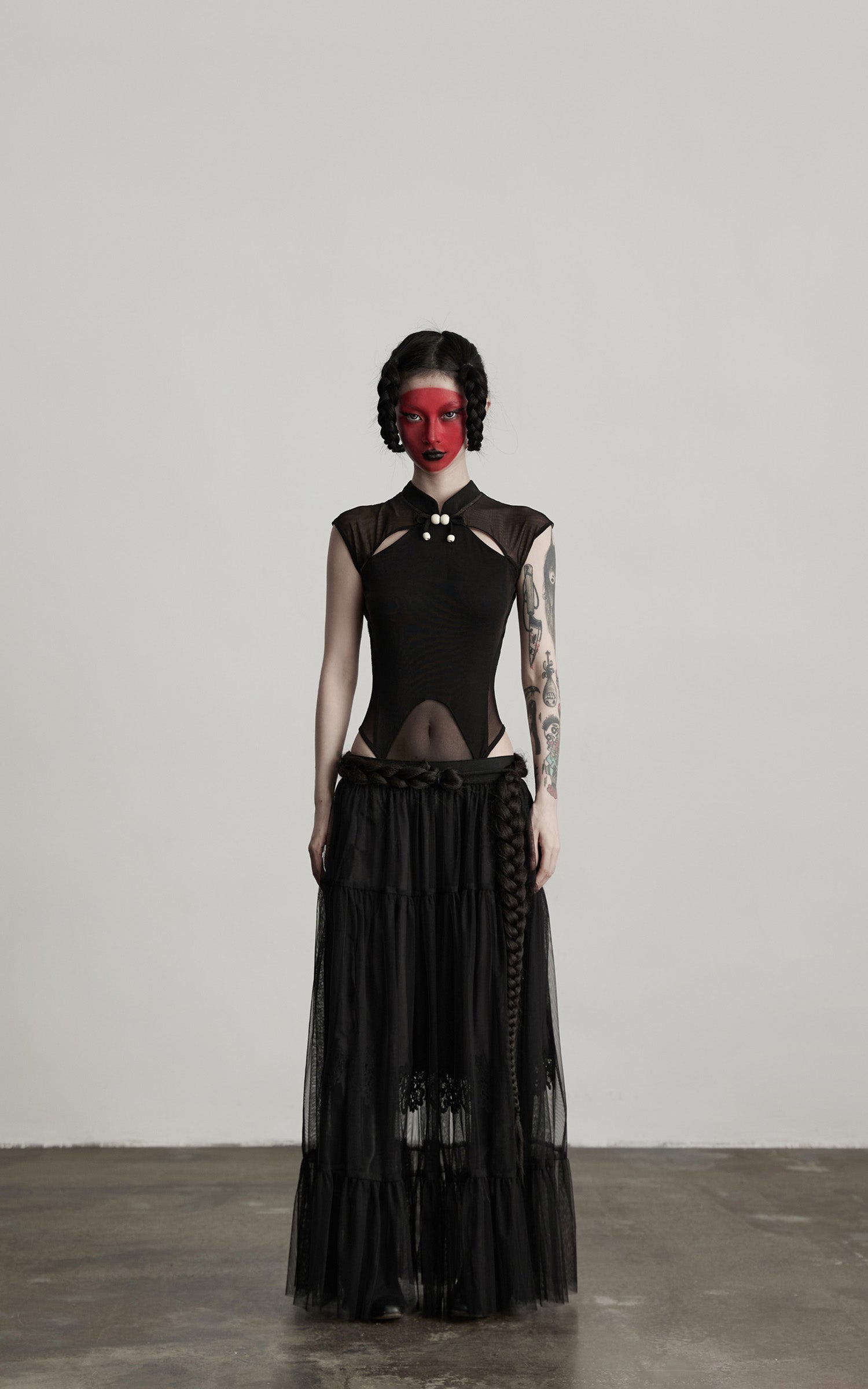 DOINDULGE Sculpted Mesh Bodysuit with Mandarin Collar and Cutout Panels