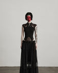 DOINDULGE Sculpted Mesh Bodysuit with Mandarin Collar and Cutout Panels