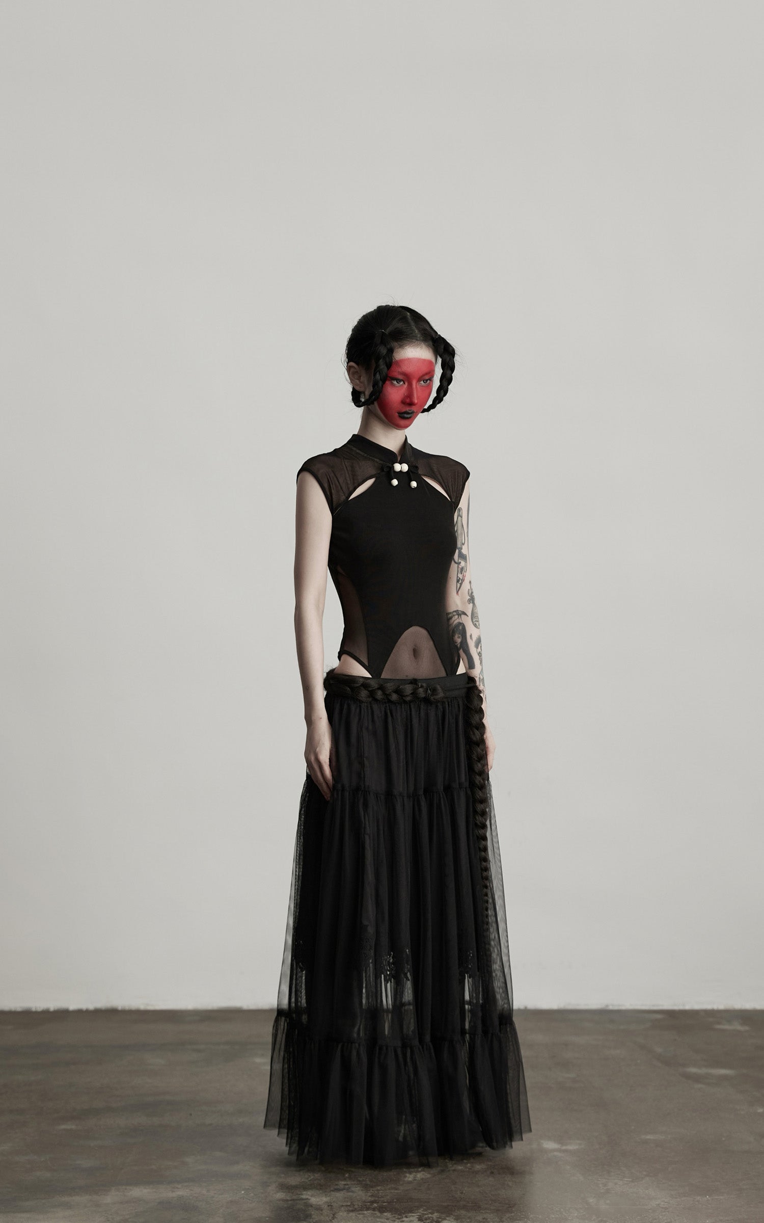 DOINDULGE Sculpted Mesh Bodysuit with Mandarin Collar and Cutout Panels