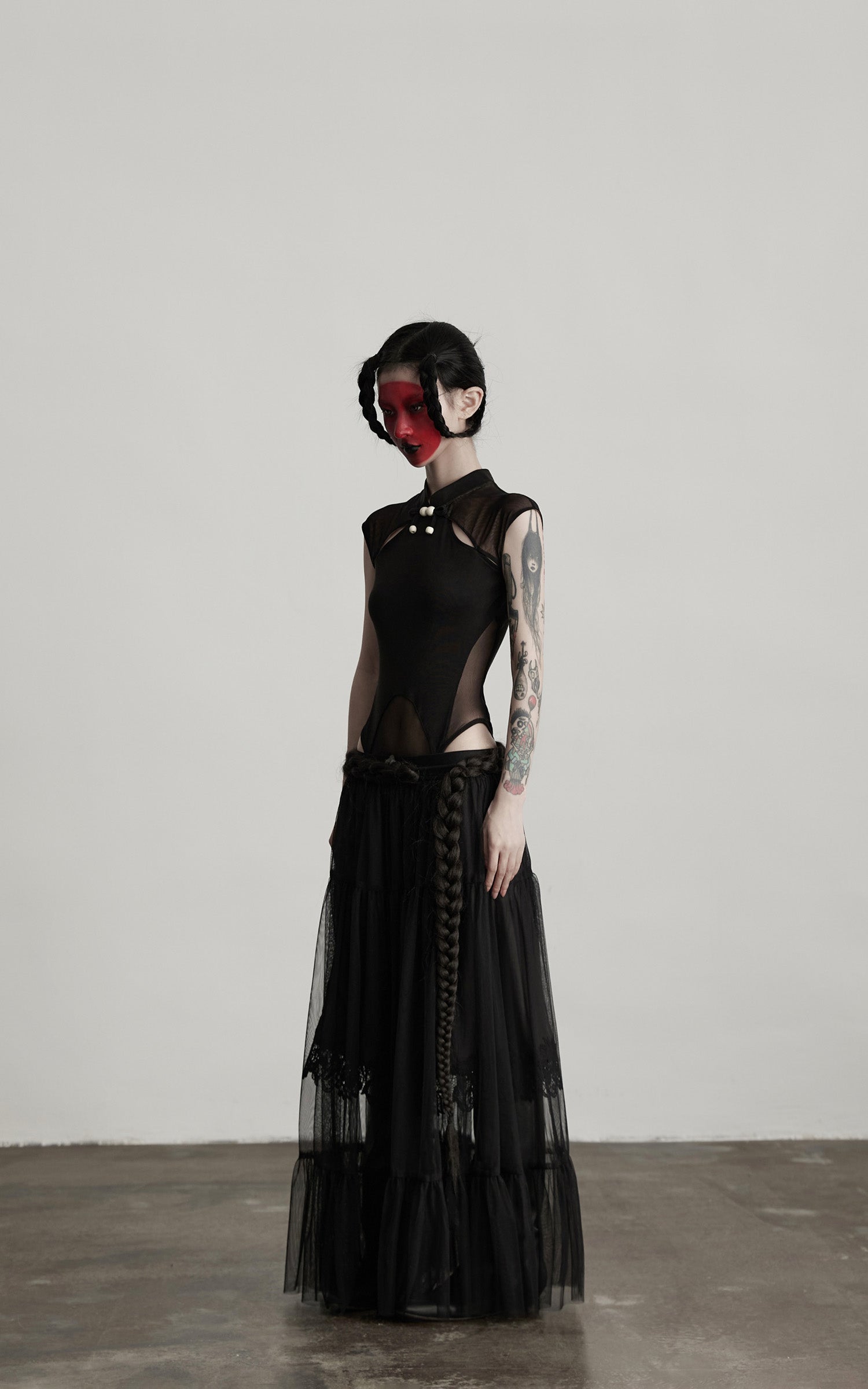 DOINDULGE Sculpted Mesh Bodysuit with Mandarin Collar and Cutout Panels