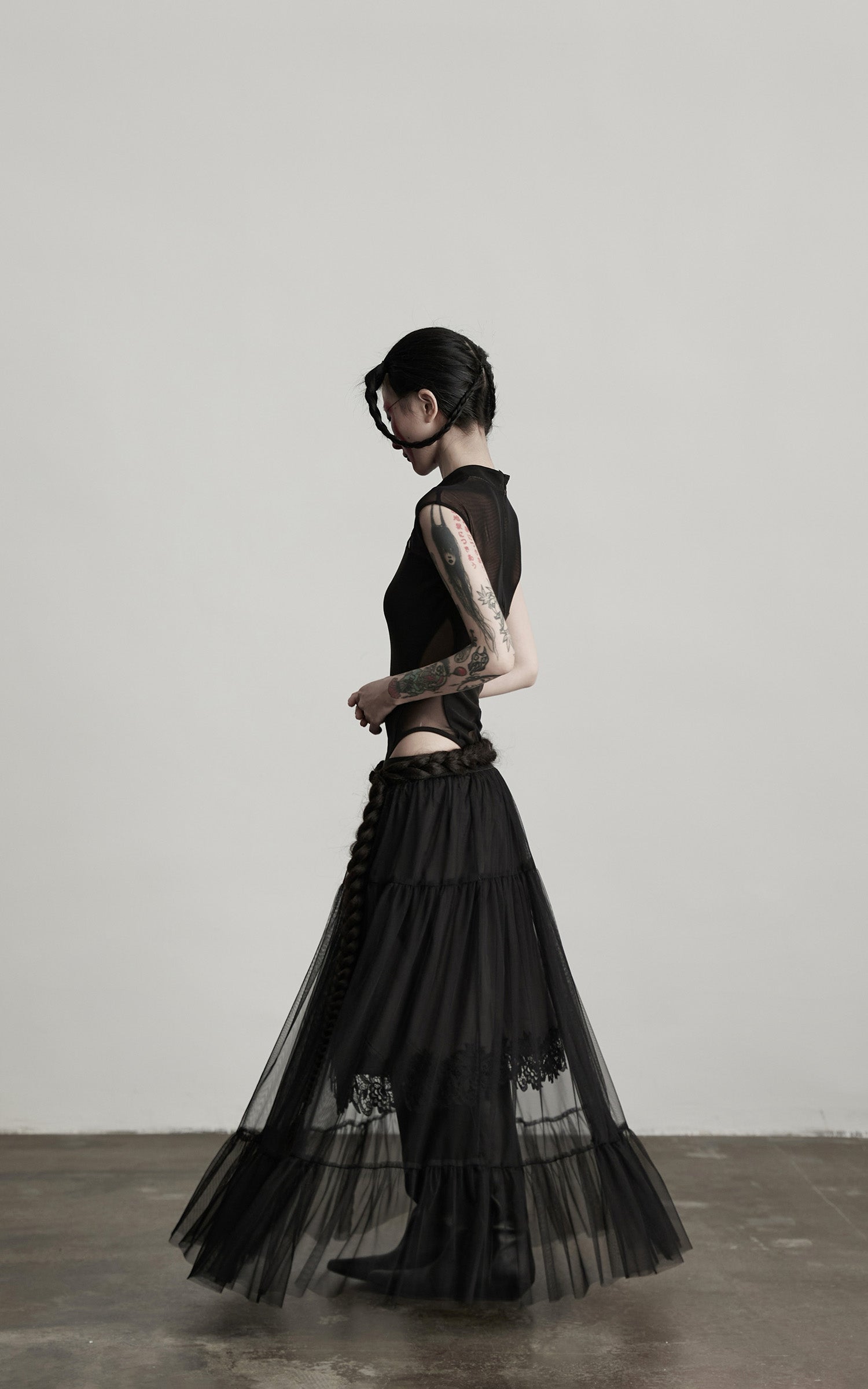 DOINDULGE Sculpted Mesh Bodysuit with Mandarin Collar and Cutout Panels