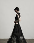 DOINDULGE Sculpted Mesh Bodysuit with Mandarin Collar and Cutout Panels