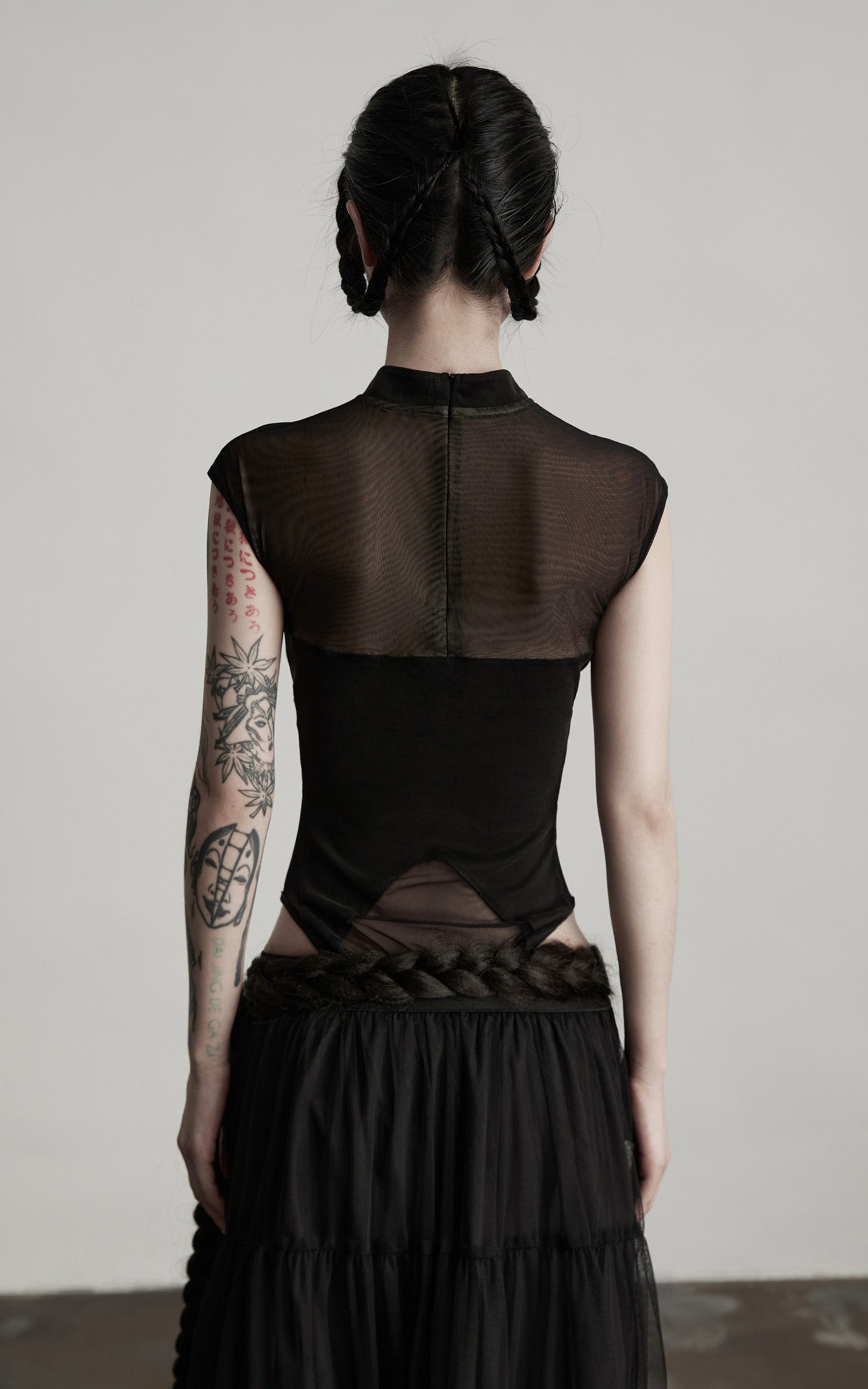 DOINDULGE Sculpted Mesh Bodysuit with Mandarin Collar and Cutout Panels