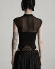 DOINDULGE Sculpted Mesh Bodysuit with Mandarin Collar and Cutout Panels