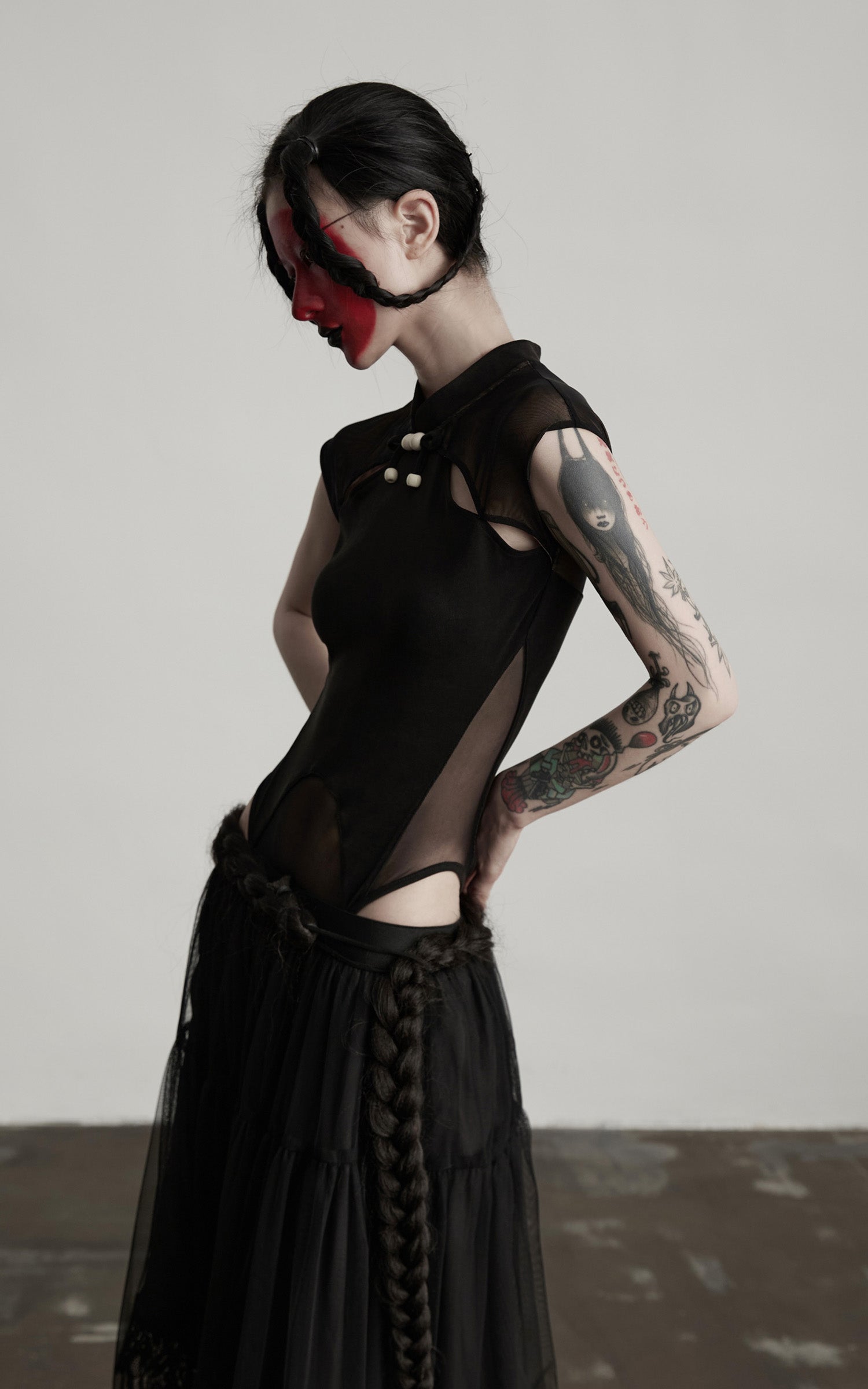 DOINDULGE Sculpted Mesh Bodysuit with Mandarin Collar and Cutout Panels
