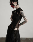 DOINDULGE Sculpted Mesh Bodysuit with Mandarin Collar and Cutout Panels