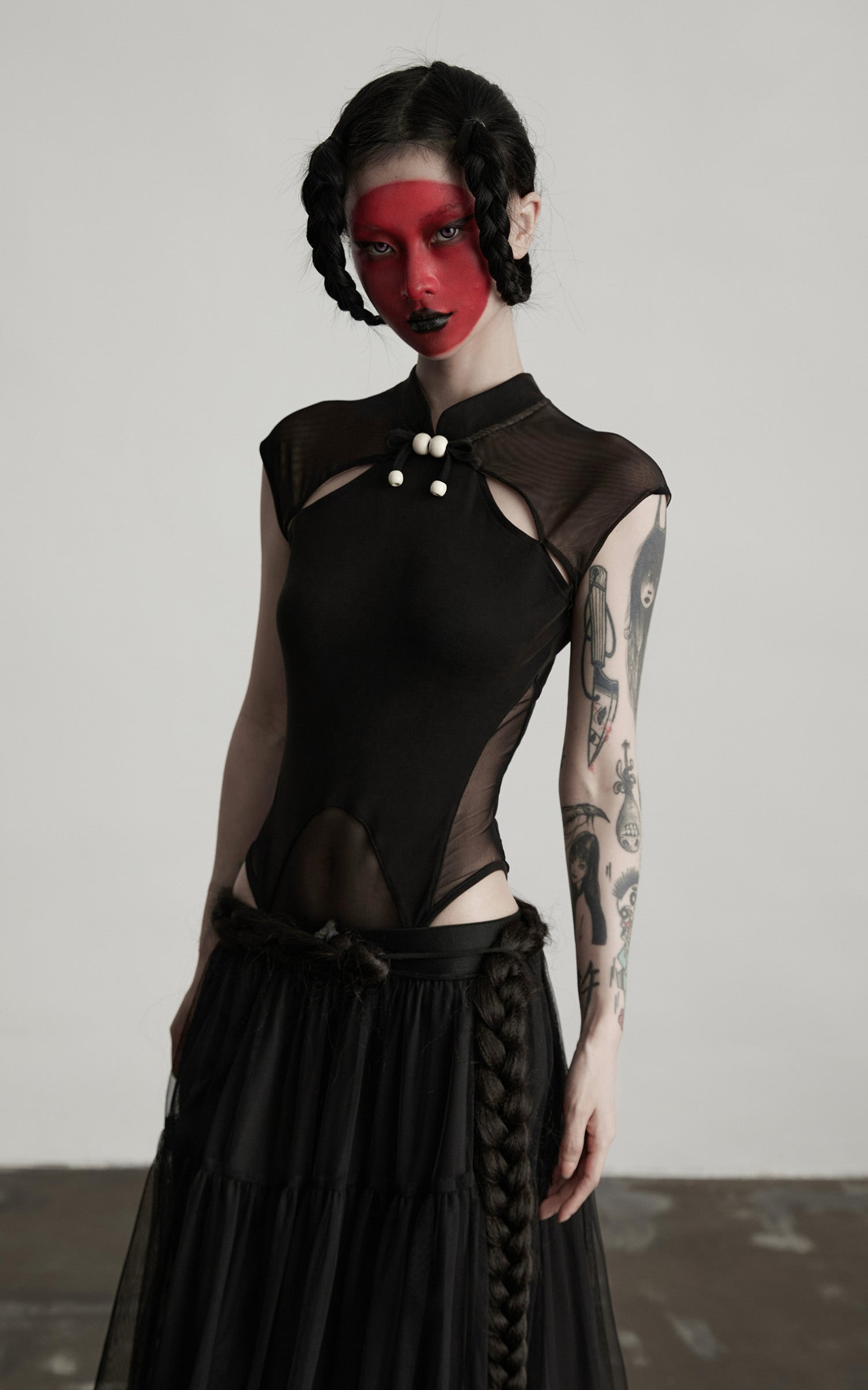 DOINDULGE Sculpted Mesh Bodysuit with Mandarin Collar and Cutout Panels