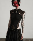DOINDULGE Sculpted Mesh Bodysuit with Mandarin Collar and Cutout Panels