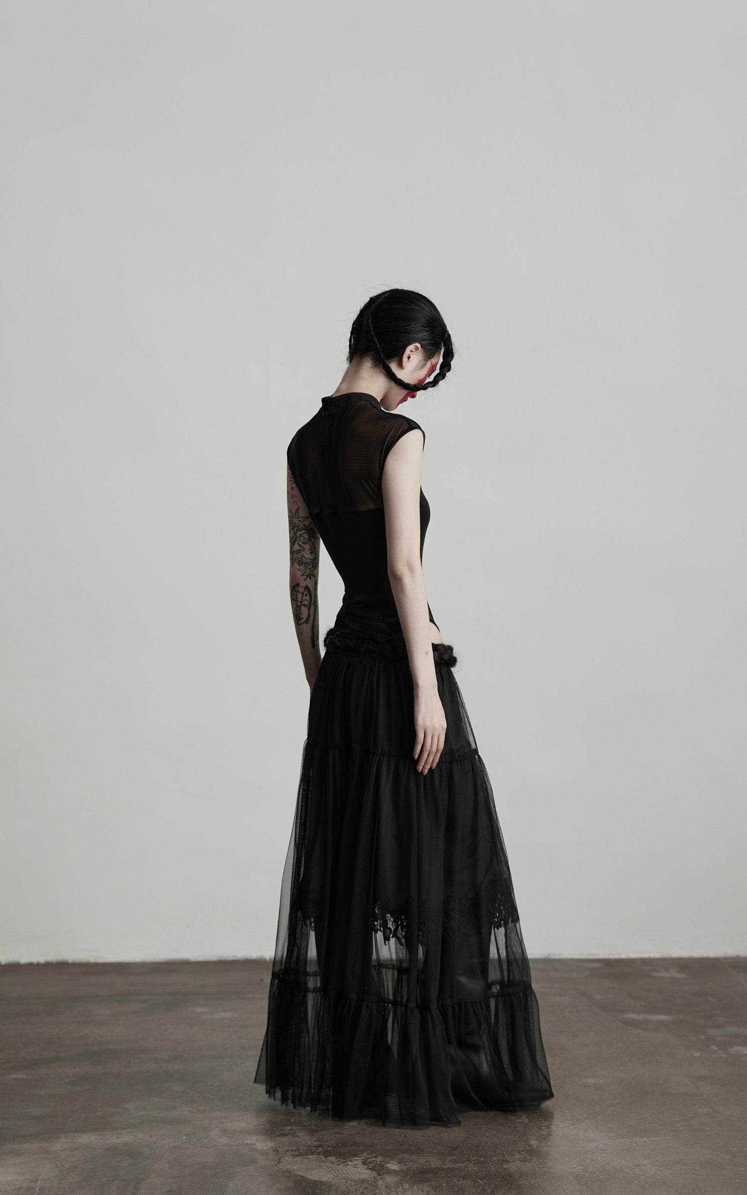 DOINDULGE Sculpted Mesh Bodysuit with Mandarin Collar and Cutout Panels