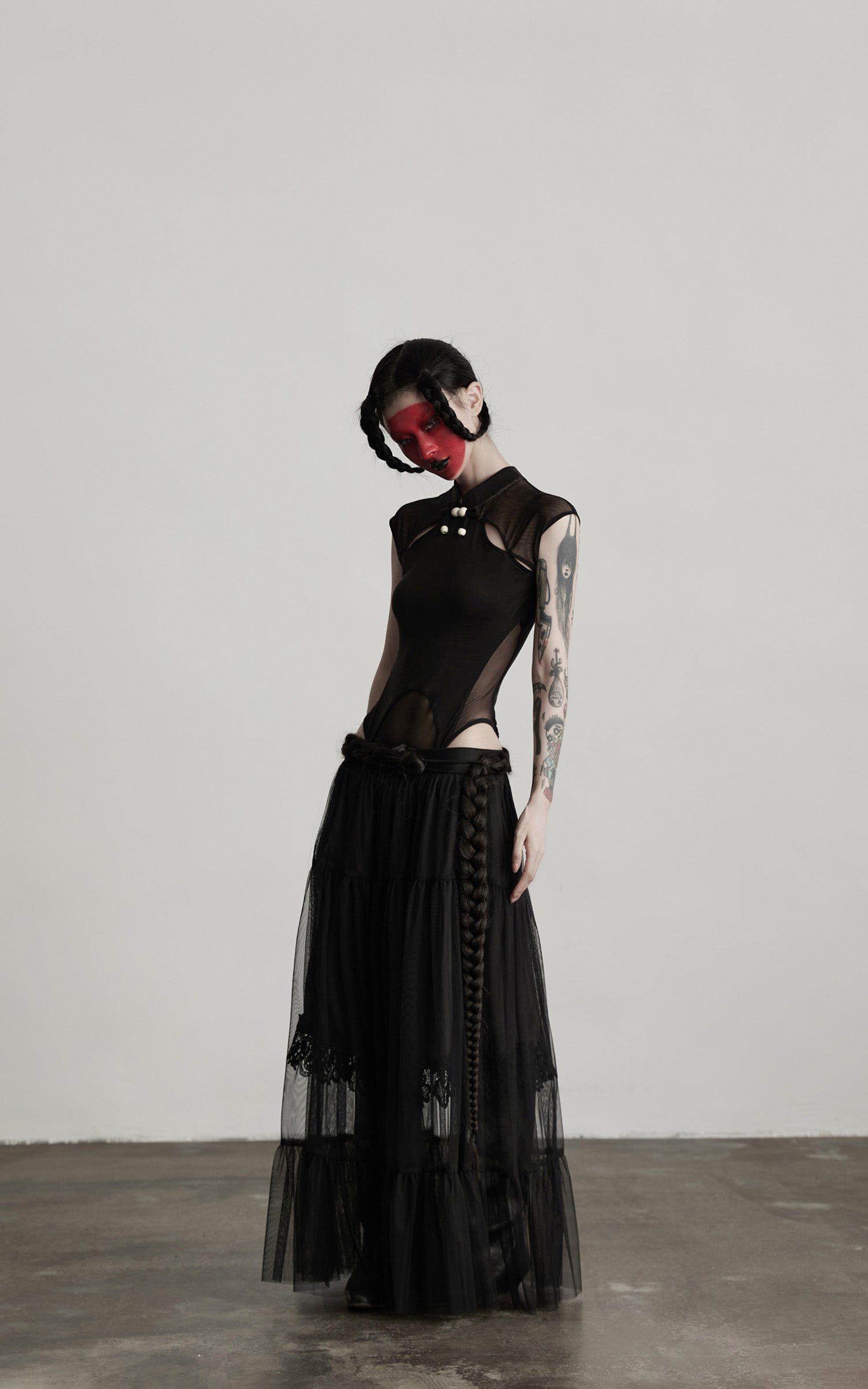 DOINDULGE Sculpted Mesh Bodysuit with Mandarin Collar and Cutout Panels
