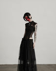 DOINDULGE Sculpted Mesh Bodysuit with Mandarin Collar and Cutout Panels