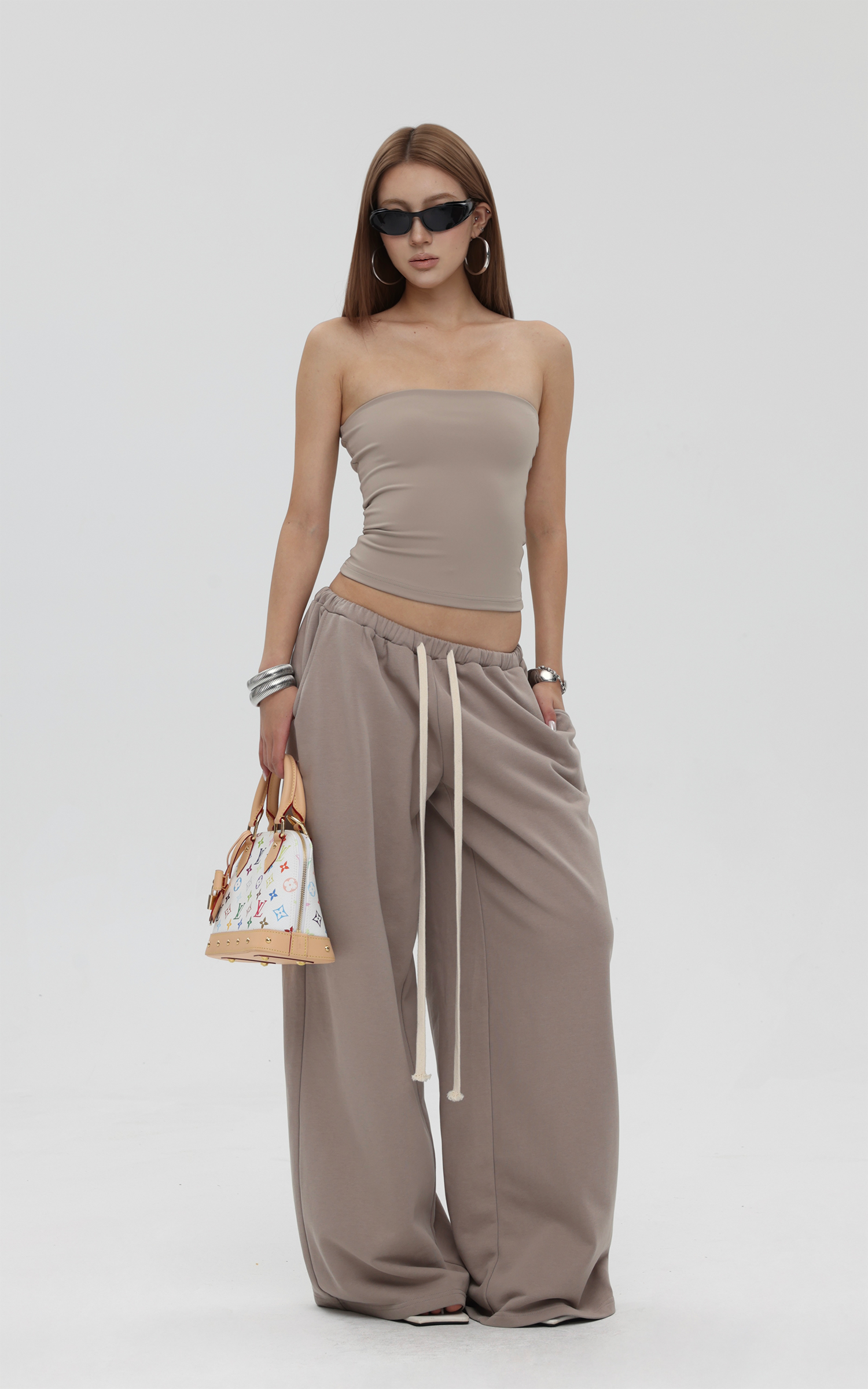 IAMXIAA Strapless Tube Top and Wide Leg Sweatpants Set Casual Streetwear Two Piece Outfit