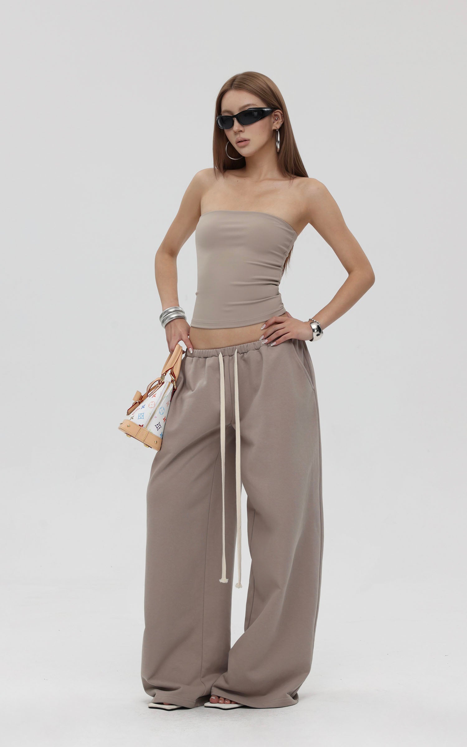 IAMXIAA Strapless Tube Top and Wide Leg Sweatpants Set Casual Streetwear Two Piece Outfit