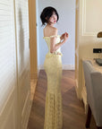 DreamyNerd Off-Shoulder Ruffled Corset and Lace Mermaid Skirt Two-Piece Set - PINKPARKS