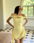 DreamyNerd Off-Shoulder Drape Mini Dress with Rosette Detail - PINKPARKS