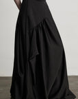 缺细节 DOINDULGE Draped Panel Asymmetrical Maxi Skirt in Black Satin