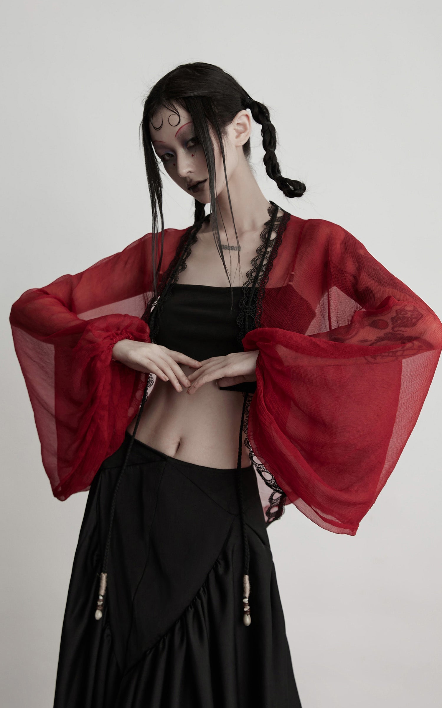 DOINDULGE Crimson Sheer Drape Jacket with Lace Trim and Beaded Tassels