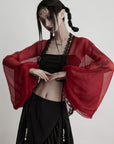 DOINDULGE Crimson Sheer Drape Jacket with Lace Trim and Beaded Tassels