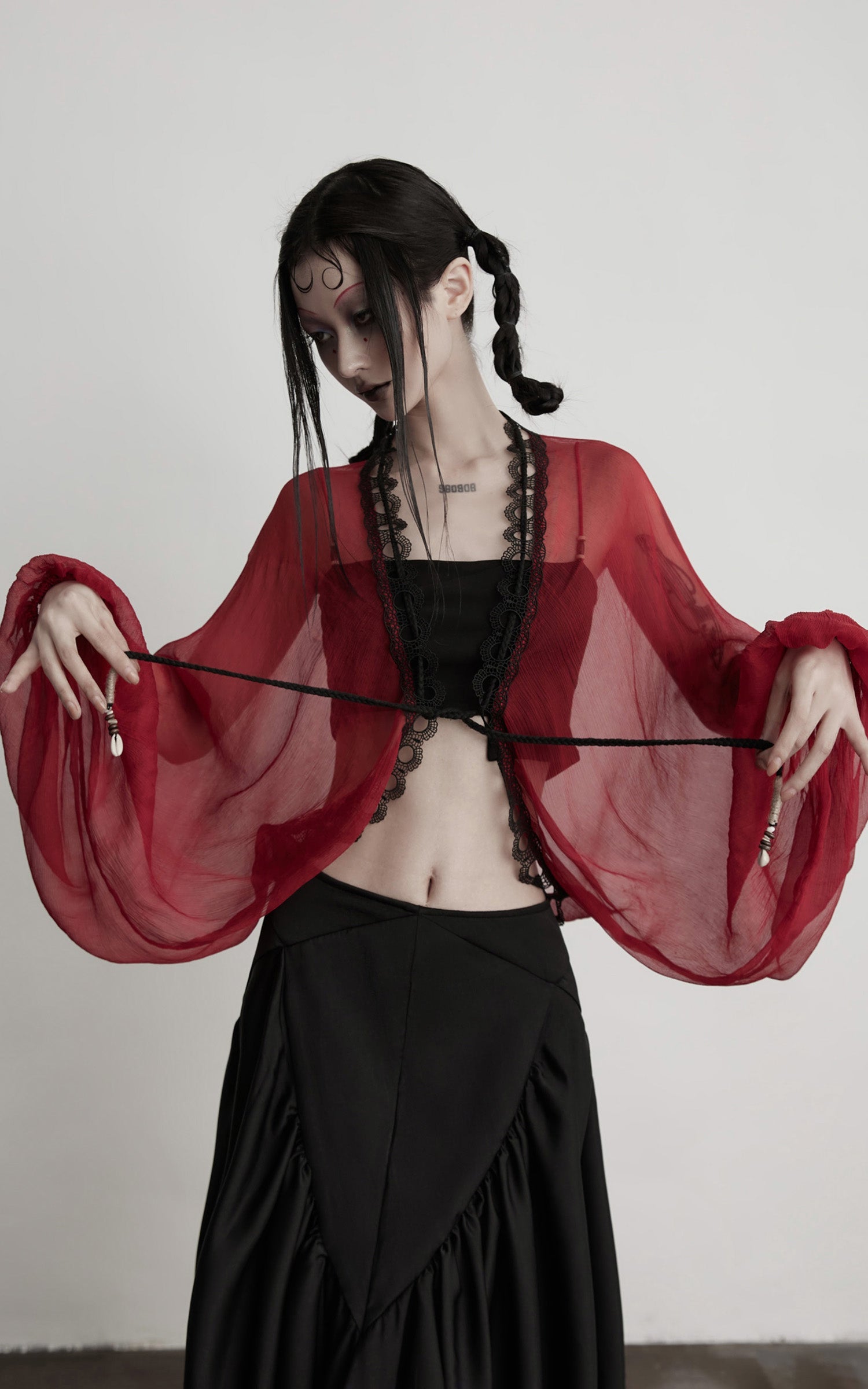 DOINDULGE Crimson Sheer Drape Jacket with Lace Trim and Beaded Tassels