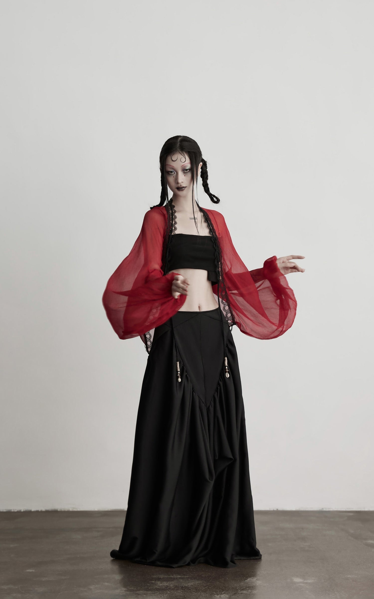 DOINDULGE Crimson Sheer Drape Jacket with Lace Trim and Beaded Tassels