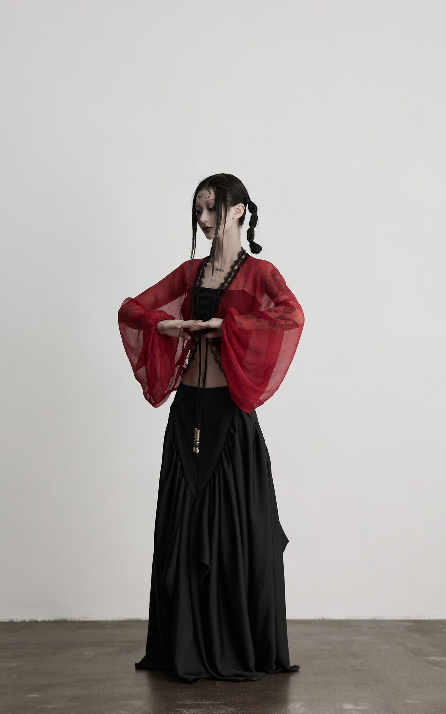 DOINDULGE Crimson Sheer Drape Jacket with Lace Trim and Beaded Tassels