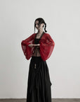 DOINDULGE Crimson Sheer Drape Jacket with Lace Trim and Beaded Tassels