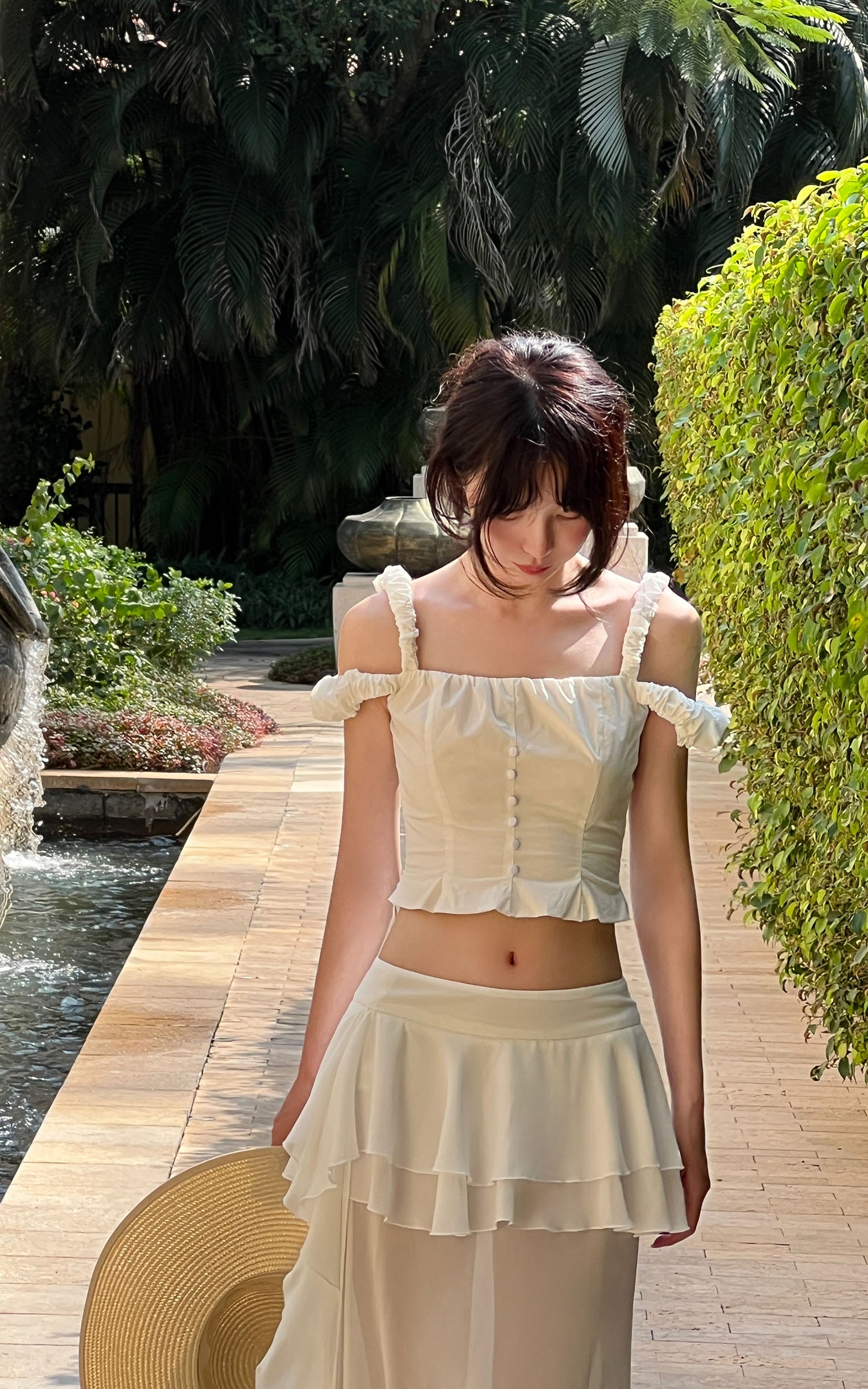 DreamyNerd Off-Shoulder Ruffle Strap Top &amp; Flowing Skirt Set - PINKPARKS