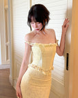 DreamyNerd Off-Shoulder Ruffled Corset and Lace Mermaid Skirt Two-Piece Set - PINKPARKS