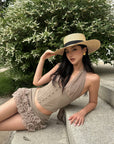 ROVENTE Rosette Trim Mini Skirt Set with Halter Corset Top - PINKPARKS