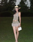 ROVENTE Rosette Trim Mini Skirt Set with Halter Corset Top - PINKPARKS