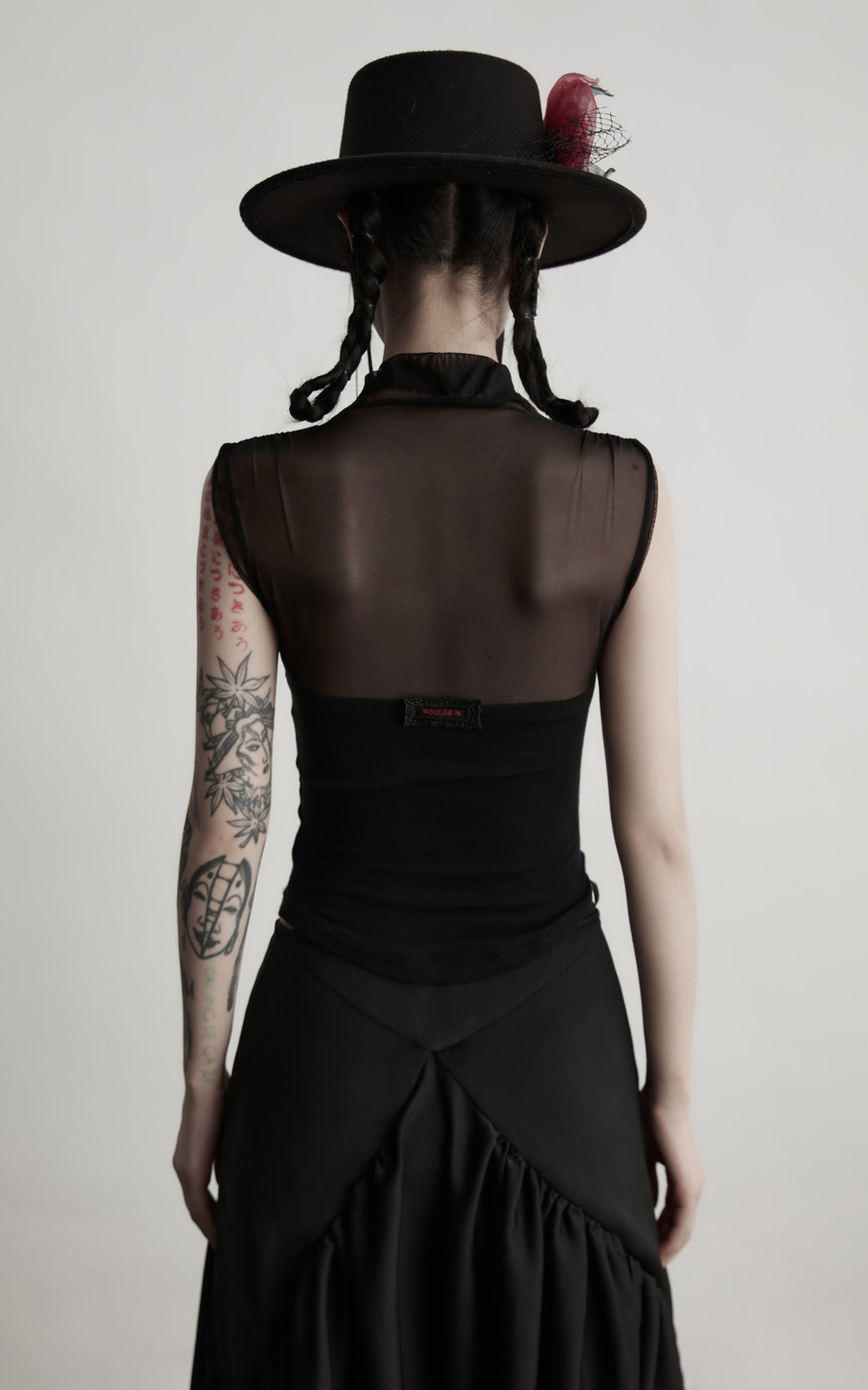 DOINDULGE Gothic Mesh Paneled Sleeveless Top with Red Orb Detail