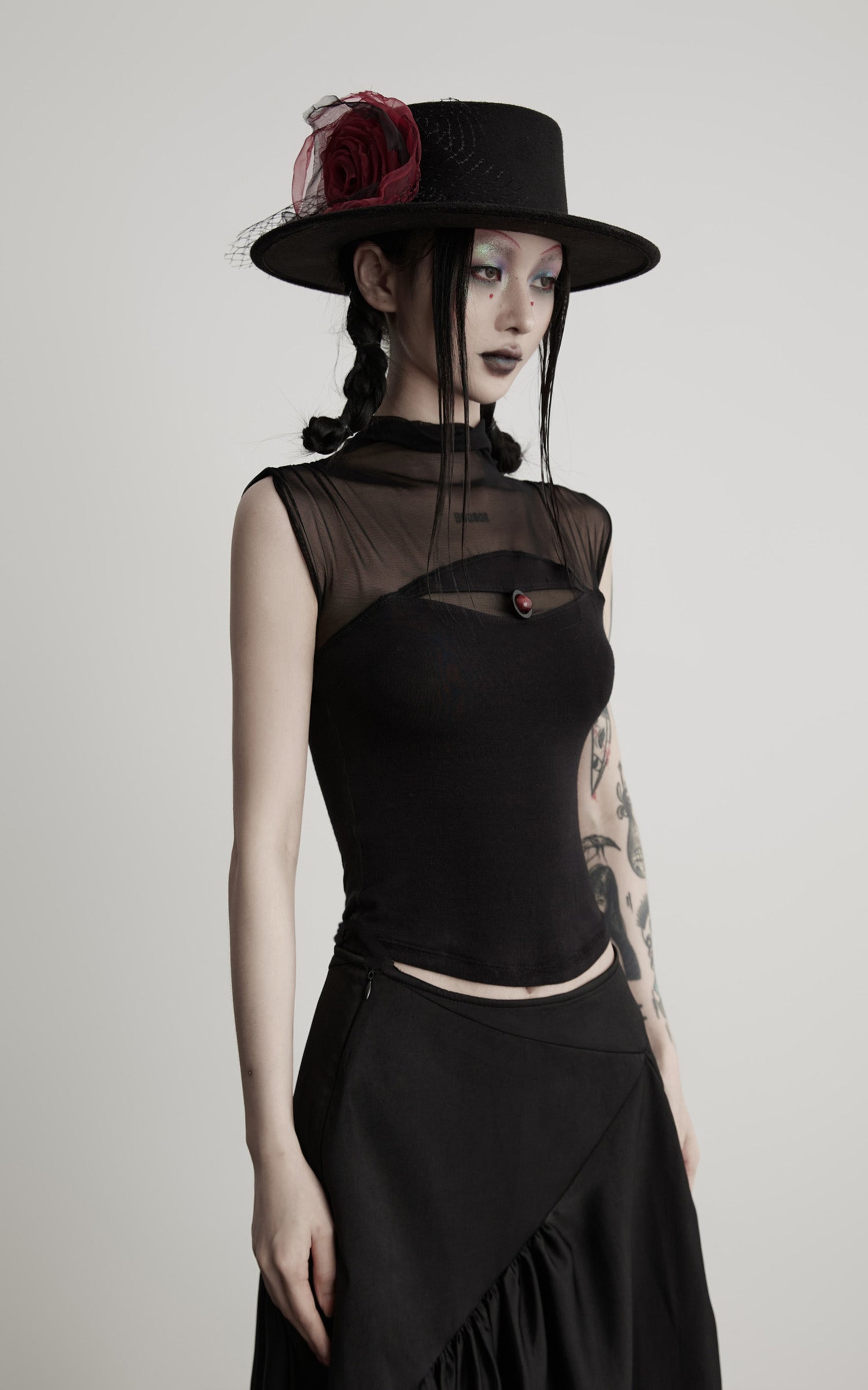 DOINDULGE Gothic Mesh Paneled Sleeveless Top with Red Orb Detail