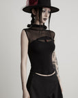 DOINDULGE Gothic Mesh Paneled Sleeveless Top with Red Orb Detail