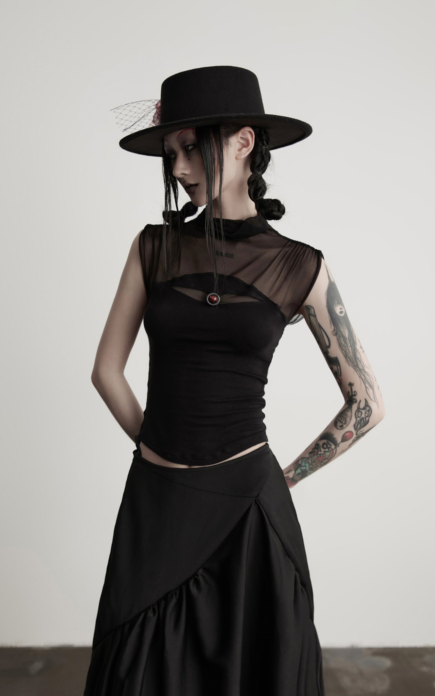 DOINDULGE Gothic Mesh Paneled Sleeveless Top with Red Orb Detail