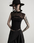 DOINDULGE Gothic Mesh Paneled Sleeveless Top with Red Orb Detail