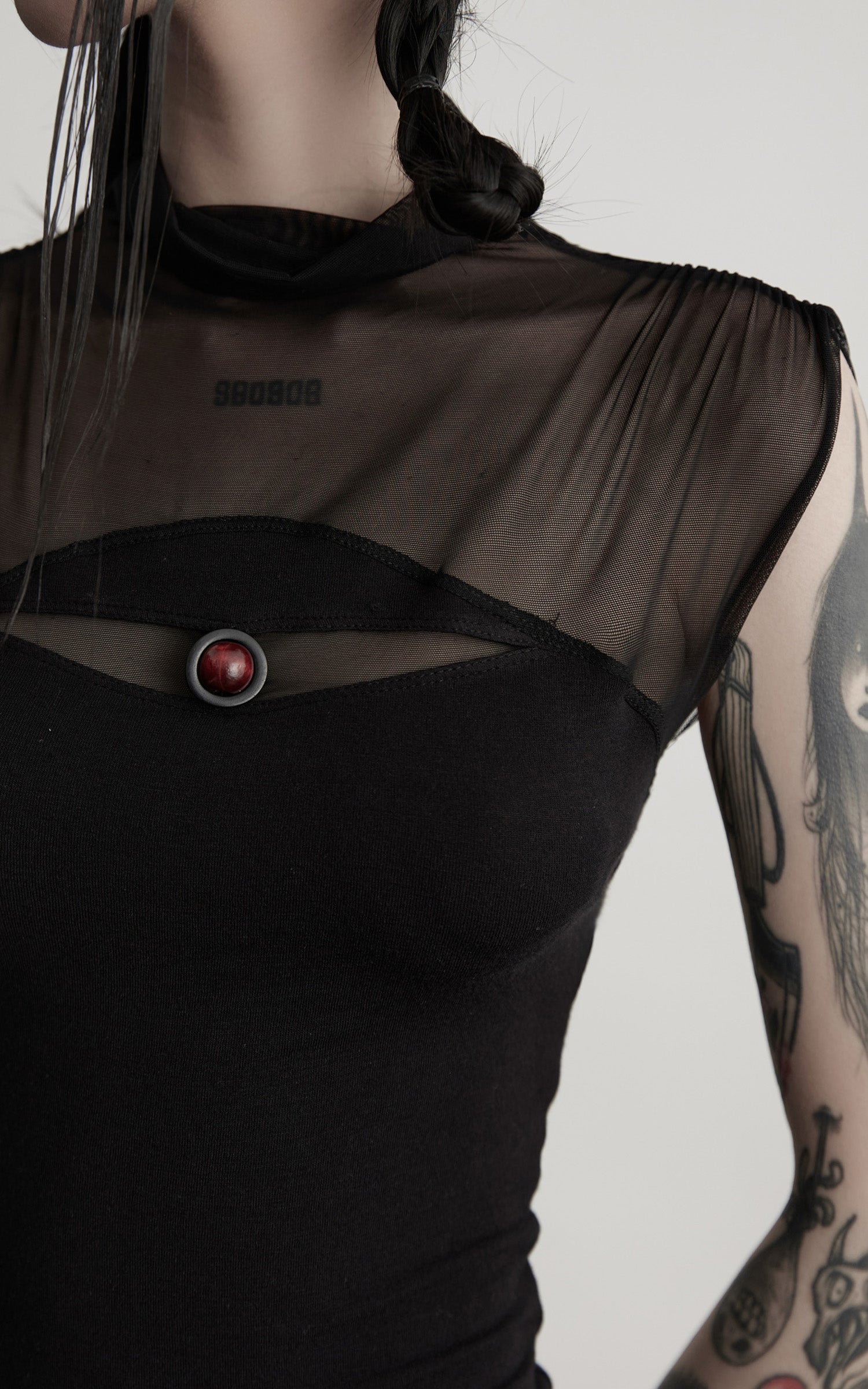 DOINDULGE Gothic Mesh Paneled Sleeveless Top with Red Orb Detail