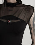 DOINDULGE Gothic Mesh Paneled Sleeveless Top with Red Orb Detail