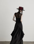 缺细节 DOINDULGE Draped Panel Asymmetrical Maxi Skirt in Black Satin