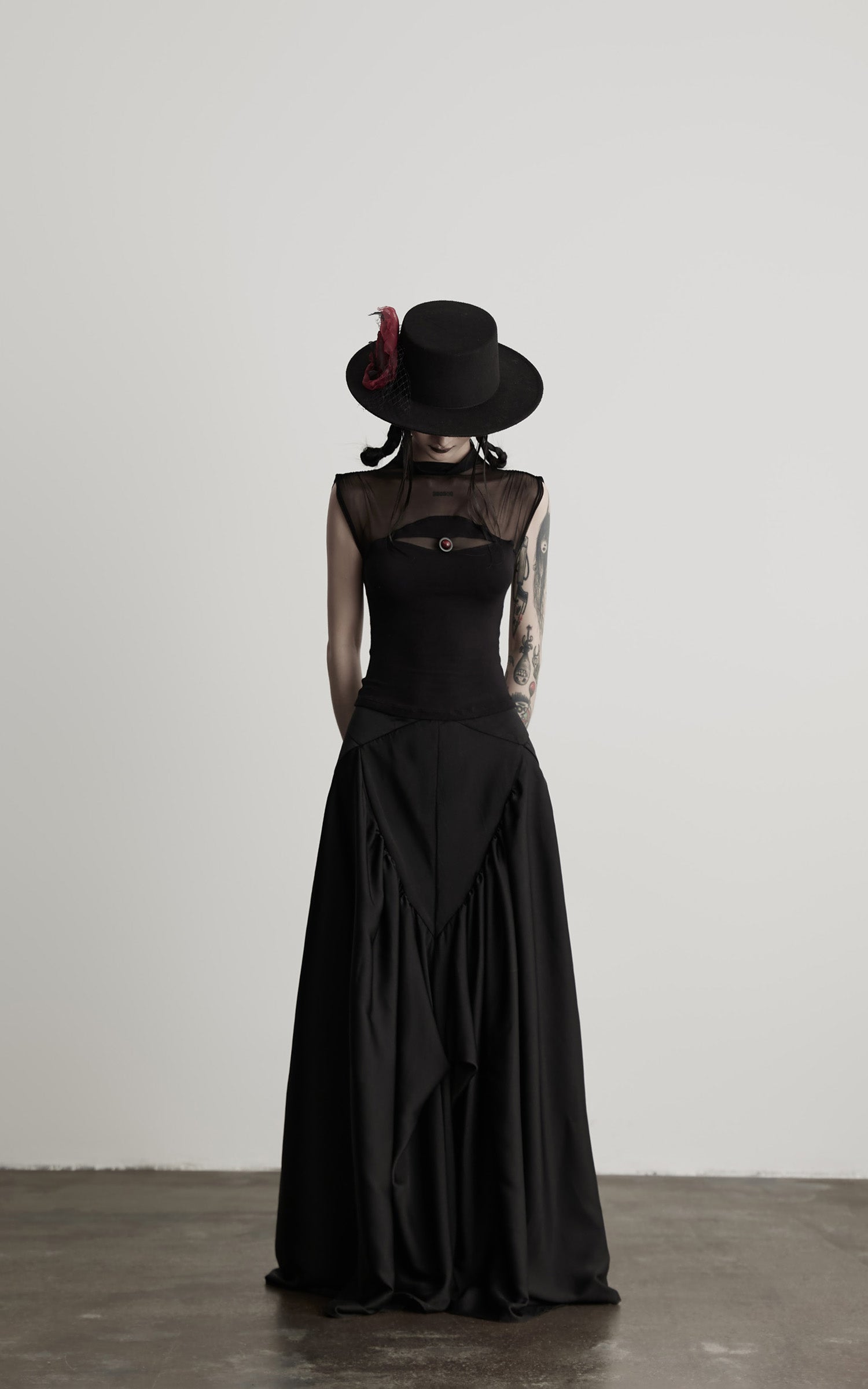 DOINDULGE Gothic Mesh Paneled Sleeveless Top with Red Orb Detail
