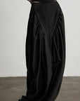 缺细节 DOINDULGE Draped Panel Asymmetrical Maxi Skirt in Black Satin