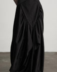 缺细节 DOINDULGE Draped Panel Asymmetrical Maxi Skirt in Black Satin