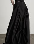 缺细节 DOINDULGE Draped Panel Asymmetrical Maxi Skirt in Black Satin