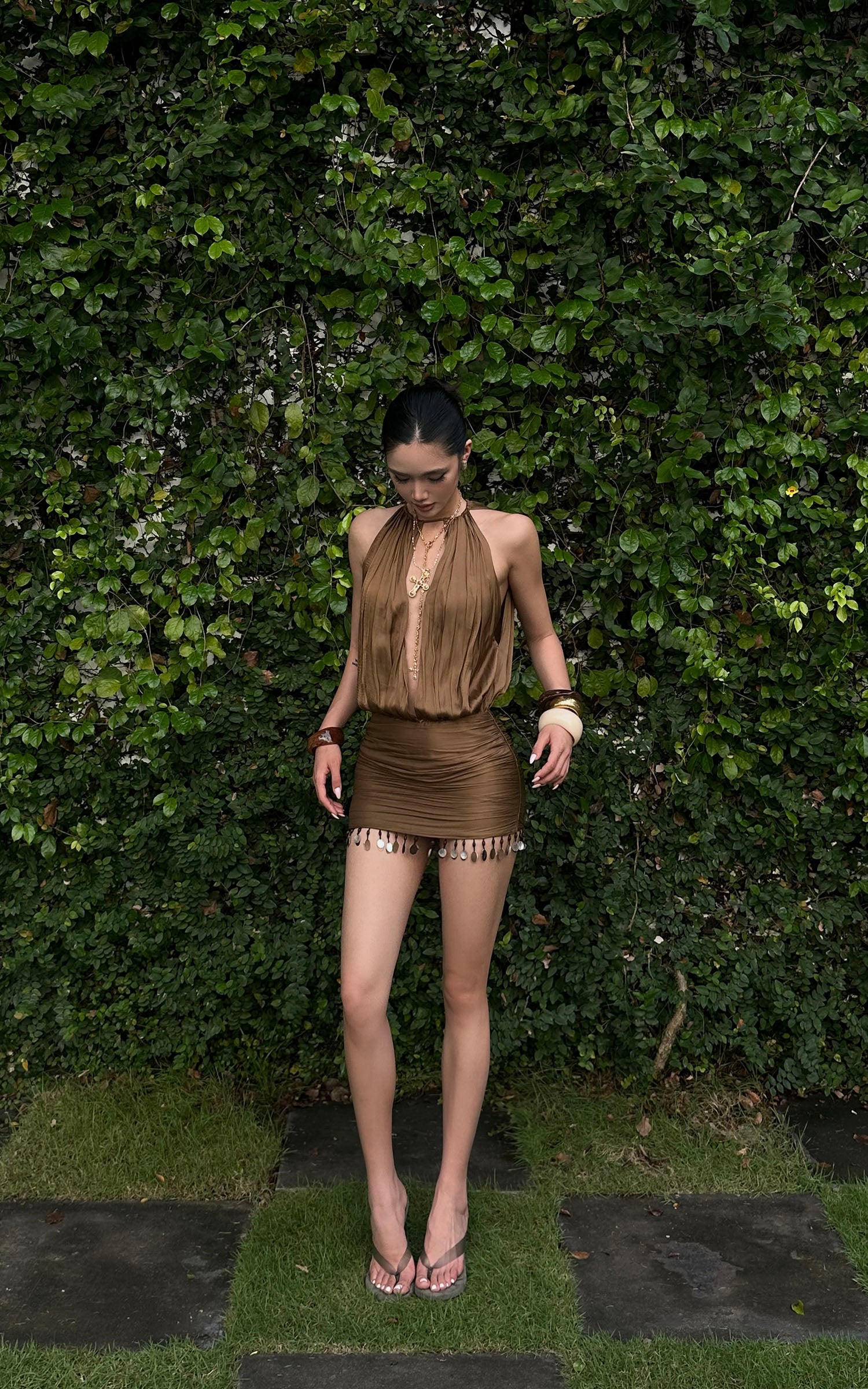 ROVENTE Draped Beaded Hem Mini Dress - PINKPARKS